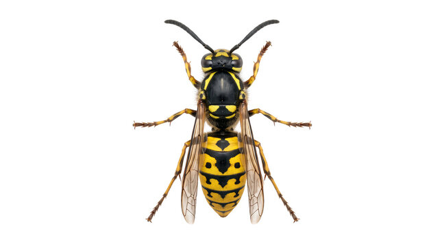Yellow and black wasp isolated on transparent background showing dorsal view of striped body and wings for insect identification and entomology reference