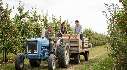 Fototapeta premium Blue vintage tractor pulling wooden wagon filled with fresh apples in orchard. Agricultural workers harvesting fruit on autumn farm