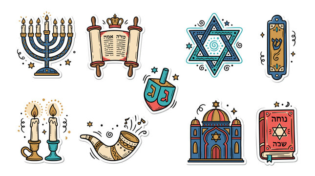 menorah torah and star of david set of illustrations for hanukkah holiday design and ornamental background print