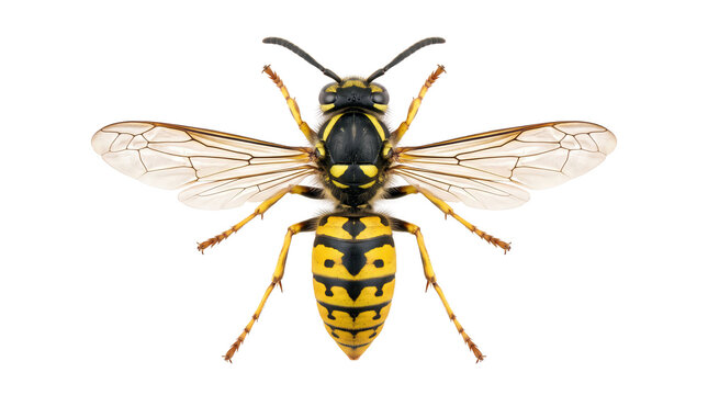 Top-down close-up of yellow jacket wasp with wings spread, isolated on transparent background, sharp macro detail of striped thorax and segmented abdomen for entomology reference.
