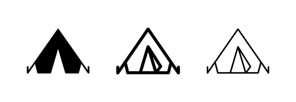 Tent icon set in three different line weights and solid style