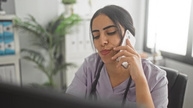 Woman doctor holding smartphone to ear with stethoscope visible, seated at computer in a clinic building, attentive expression and slight frown; concern.