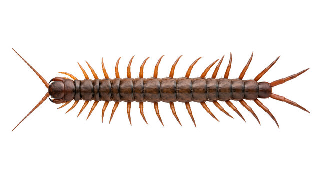 Millipede specimen isolated on transparent background showing segmented body and numerous legs for biological study, ecology reference, top view, neutral lighting