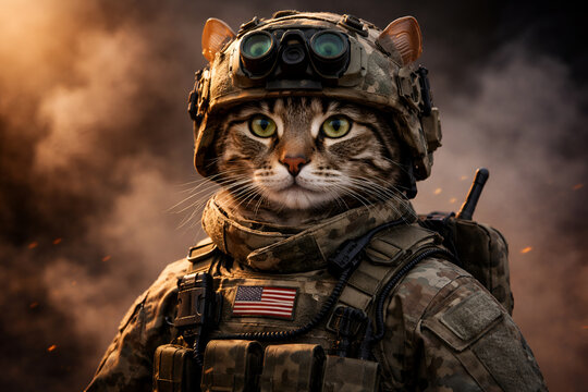 Heroic military soldier cat in full tactical gear helmet and uniform ready for action battle