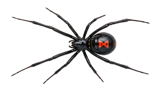 Black widow spider dorsal view with red hourglass marking isolated on transparent background for entomology, hazard identification and scientific research