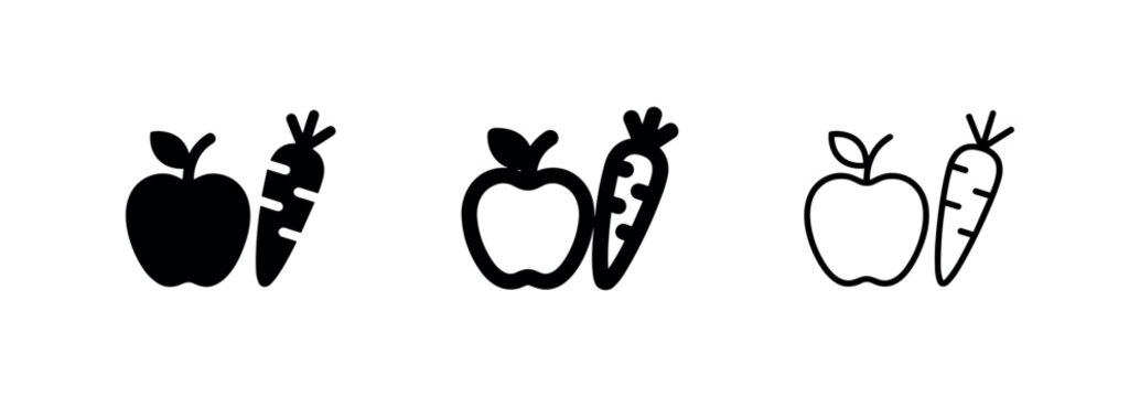 Apple and Carrot Icons: Solid, Outline, and Line Art
