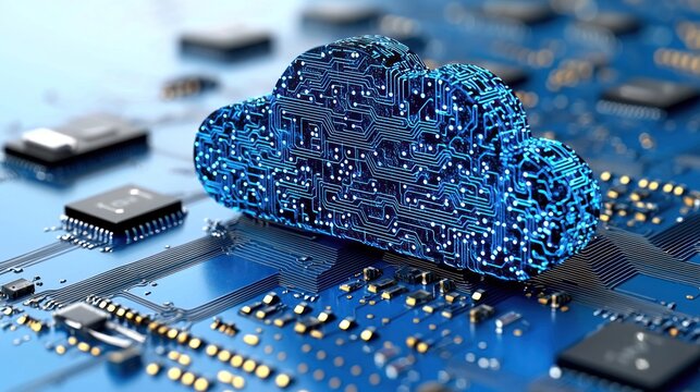 Digital cloud on circuit board, blue and gold