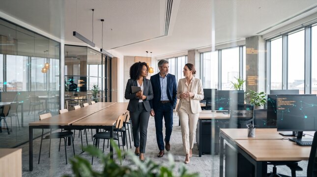 Business colleagues walking through office