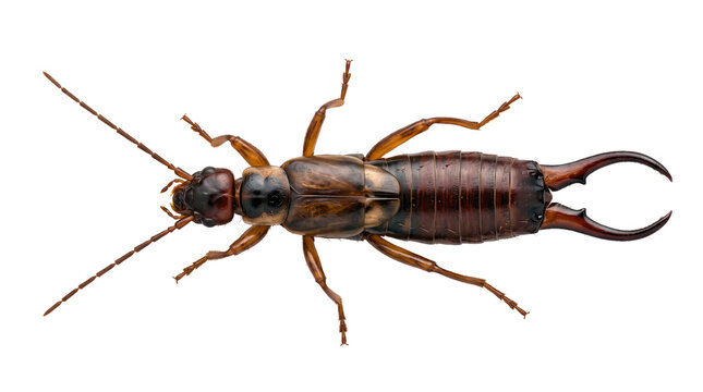 Earwig with pincers visible on transparent background, dorsal view showing elongated segmented body, long antennae and forceps cerci at tail end