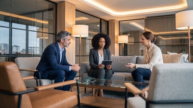 Business team discussing project in lounge