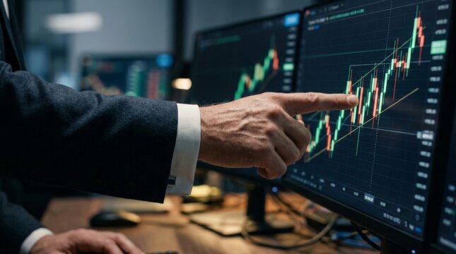 A close up view of a person pointing at a computer monitor displaying financial charts, related to trading money loss in a professional office environment, underscoring the stock market