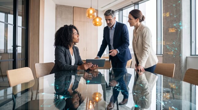 Woman presenting tablet to business team