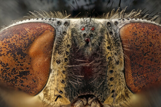 Extreme macro shot of housefly head and compound eyes