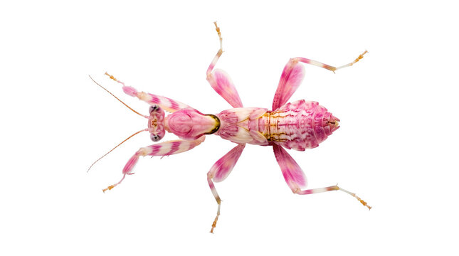 Pink praying mantis dorsal view isolated on transparent background with floral camouflage colors and raptorial forelegs for entomology and nature illustration use