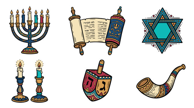 menorah torah and star of david set of illustrations for hanukkah holiday design and ornamental background print