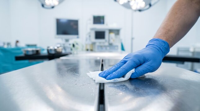 Hand in blue glove cleaning and disinfecting a metal operating table in a hospital.