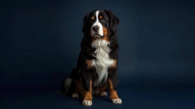 Bernese Mountain Dog Portrait, Calm Expression Against Dark Blue Studio Background
