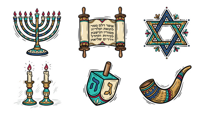 menorah torah and star of david set of illustrations for hanukkah holiday design and ornamental background print