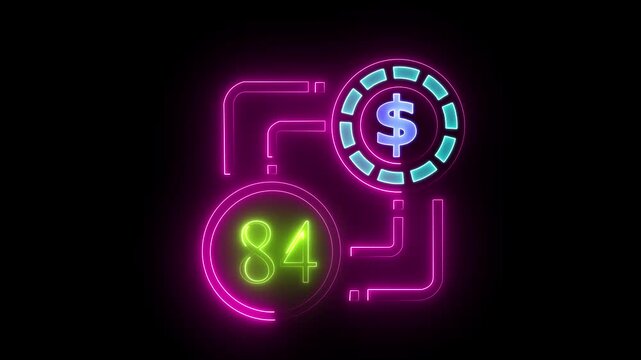 84 dollar sign text vibrant neon green on black background, financial wealth and currency concept. Neon check mark with payment successful. Confirmation, money transaction concept.