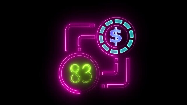83 dollar sign text vibrant neon green on black background, financial wealth and currency concept. Neon check mark with payment successful. Confirmation, money transaction concept.