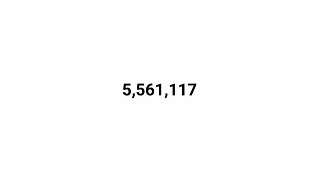 Number counter animation from 0 to 10,000,000 on transparent background, Animated counting numbers count up to ten million for likes, views & amount concepts.
