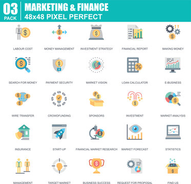 Marketing and finance flat icons for business strategy planning and economic growth concepts