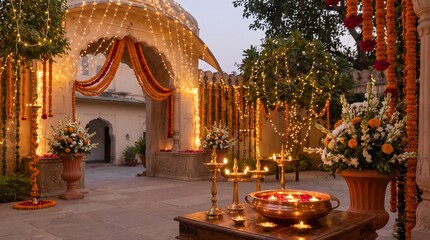 Obraz premium Traditional gurpurab decoration with marigold flowers and brass diyas
