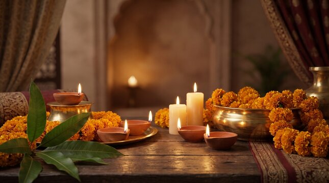 Traditional gurpurab decoration with marigold flowers and diya lamps