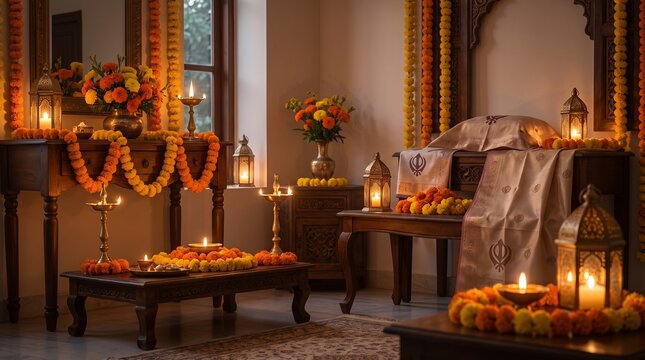 Traditional guru nanak jayanti decoration with marigold and diyas