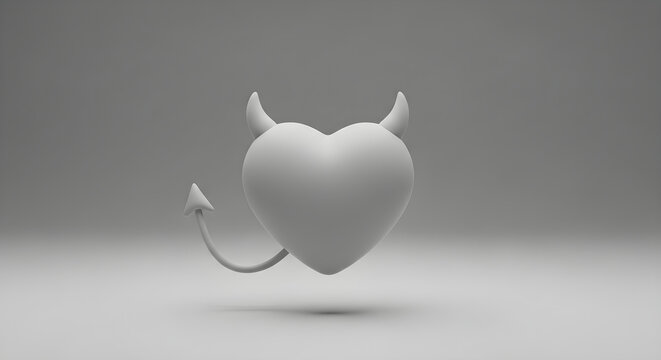 Minimalist Three Dimensional White Heart Icon Featuring Devil Horns and Tail for Abstract Romantic or Mischievous Concept Art