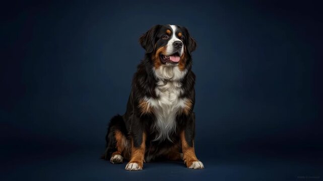 Bernese Mountain Dog Portrait, Calm Friendly Tricolor Canine Sitting on Dark Blue Studio Background