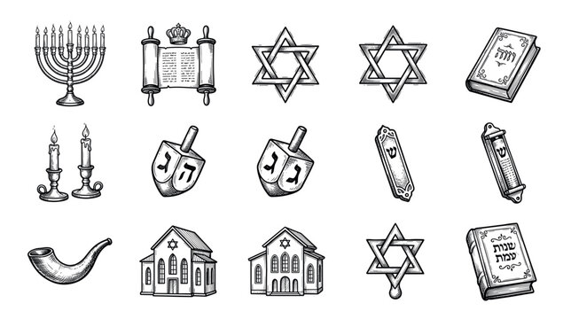 menorah torah and star of david set of illustrations for hanukkah holiday design and ornamental background print