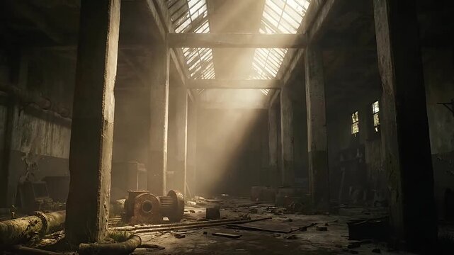 Sunbeams shine through broken skylight into abandoned industrial warehouse
