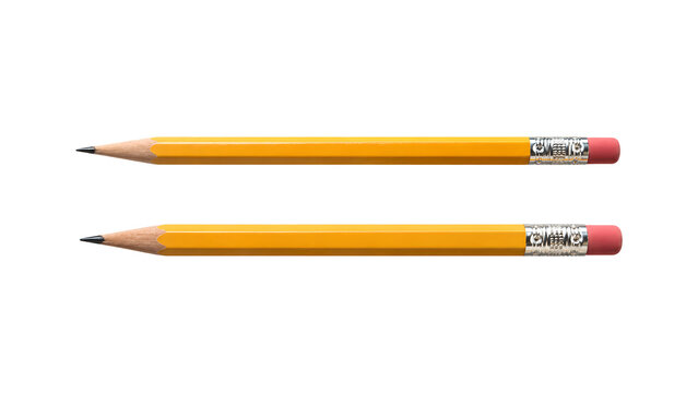 Realistic Yellow Wooden Pencils with Sharpened Graphite Tips and Erasers on Isolated Transparent Background