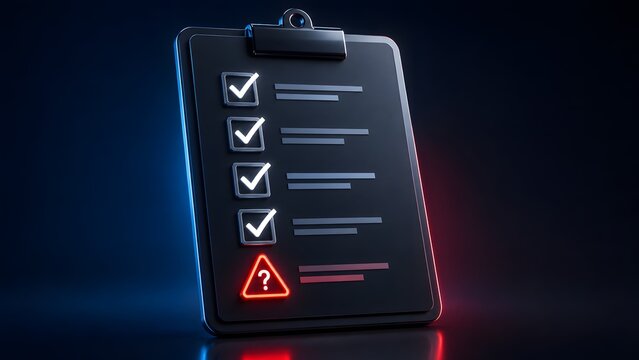 Clipboard with silver checkmarks and a glowing red warning question mark representing audit failure and uncompleted tasks
