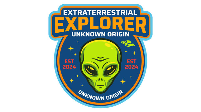 A vibrant and playful logo featuring an alien character, spacecraft, and cosmic themes. It represents curiosity about outer space and the exploration of unknown origins.