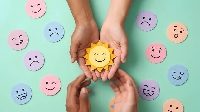 Diverse hands holding a smiling paper sun surrounded by various emotional face emoticons to represent mental health support and positivity.