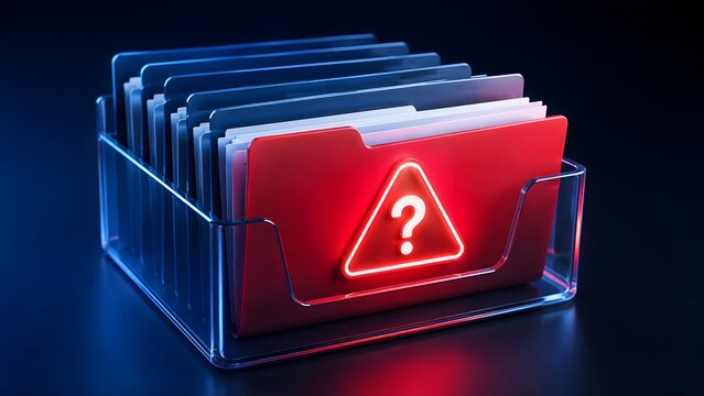 Document organizer with a glowing red warning question mark file folder representing audit risks and missing information