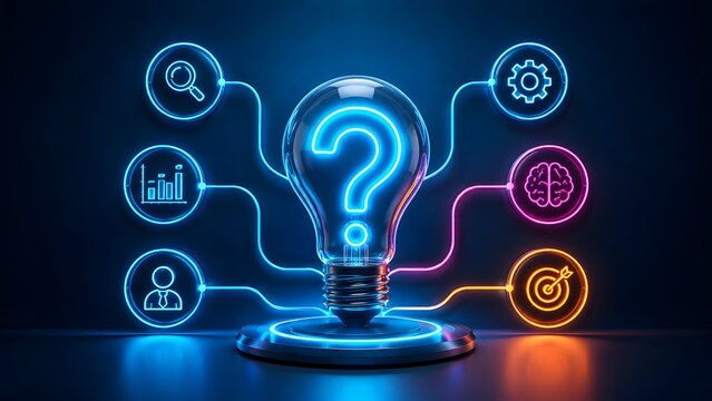 Glowing lightbulb with question mark connected to business and artificial intelligence icons representing creative strategy and analytical problem solving
