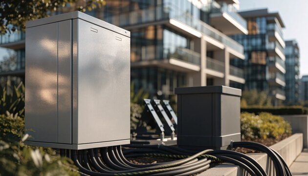 Industrial electrical utility cabinet installed outdoors near modern apartment buildings