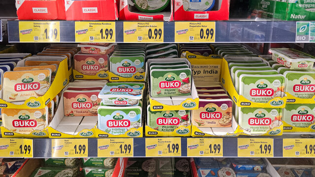Arla buko cream cheese spreads on supermarket shelf