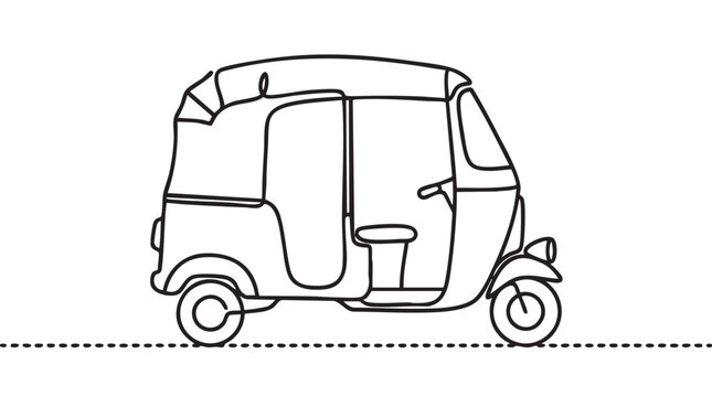auto rickshaw vector icon, a continuous line art illustration of a three-wheeled vehicle continuous line art vector icon