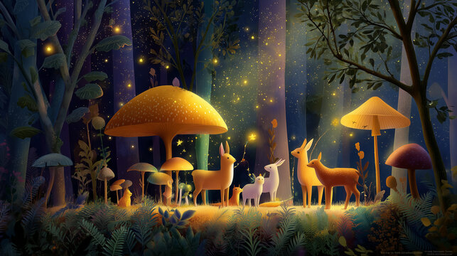 A dreamy fantasy forest with magical elements, perfect for children&rsquo;s book covers and illustrations.

