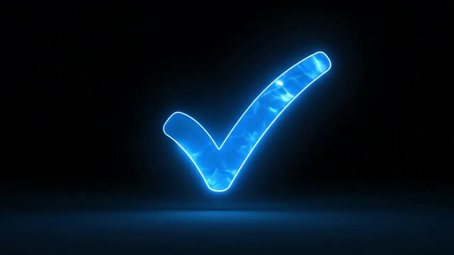 Glowing blue neon checkmark symbol on black background