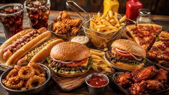Assorted burgers, fries, pizza and fried snacks on table, fast food indulgence concept for restaurant advertising
