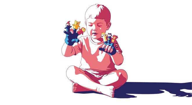 Child playing with hand puppets on white background