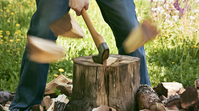 Man Splitting Firewood with Axe on Tree Stump in Green Flower Meadow