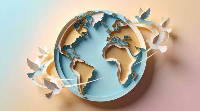 Earth Globe Surrounded by Flying Doves and Peaceful Olive Leaves