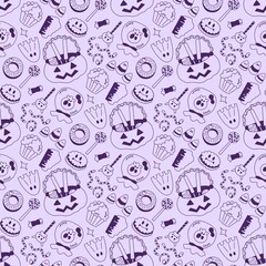 Fototapeta premium Playful Halloween candy seamless pattern featuring spooky sweets and treats in clean line art style, ideal for wrapping paper, packaging, textiles, backgrounds, and seasonal decorations.