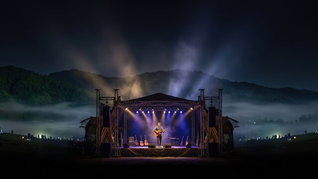 Outdoor Music Festival Stage Under Misty Ziro Valley Night Sky